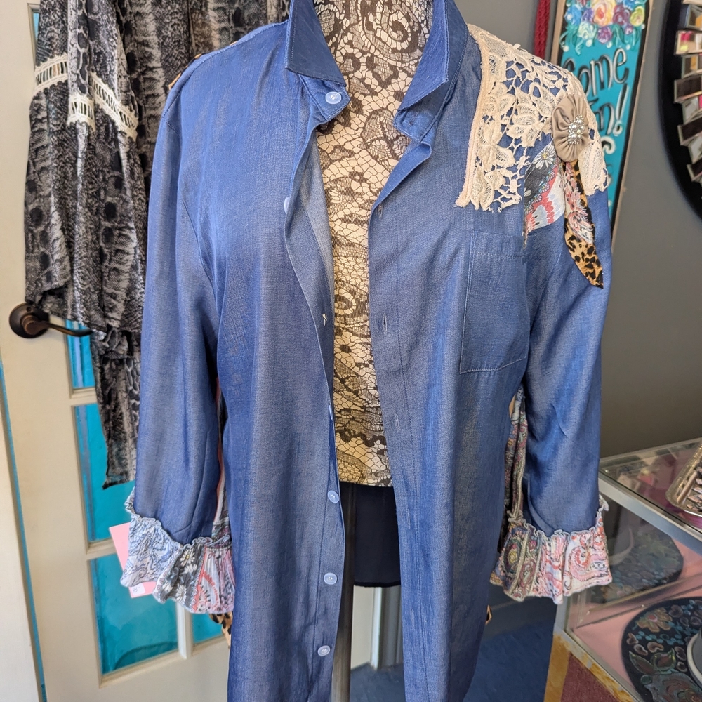 Blue Women's Embellished Button-Front Top